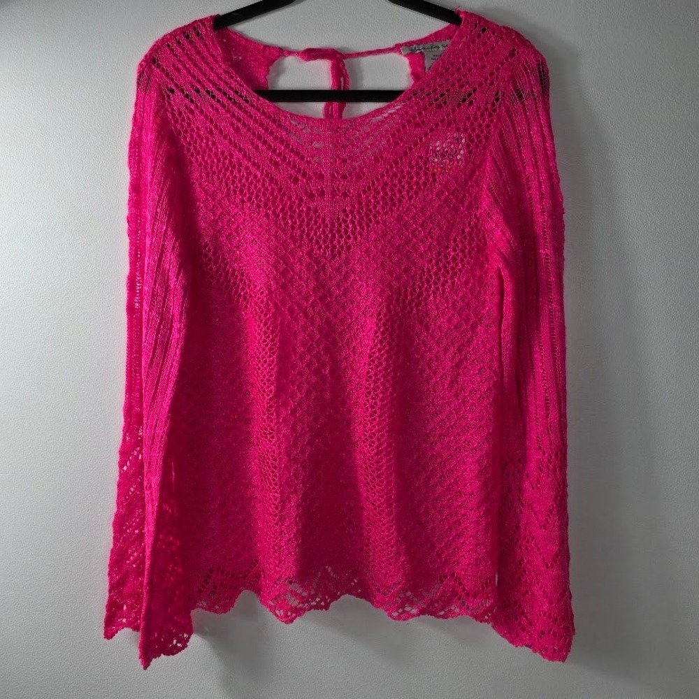 American Rag Neon Pink Crochet Tie Back Open Knit Sweater Med New
